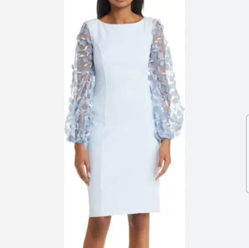Eliza J Floral Balloon Sleeve Light Blue Sheath Dress Size 12